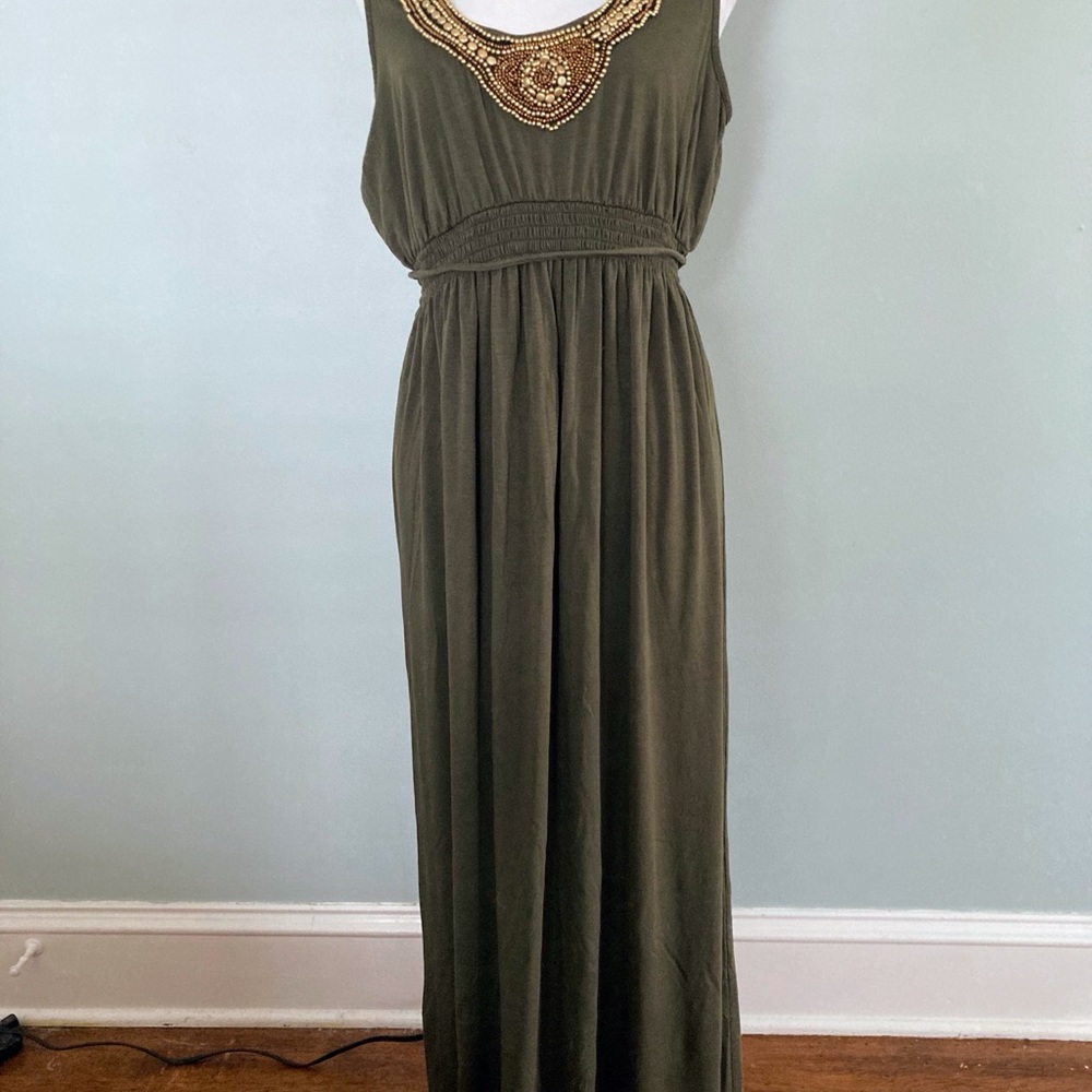 Motherhood Maternity Olive Green Maxi Dress Sleeveless Studded Neckline Size L